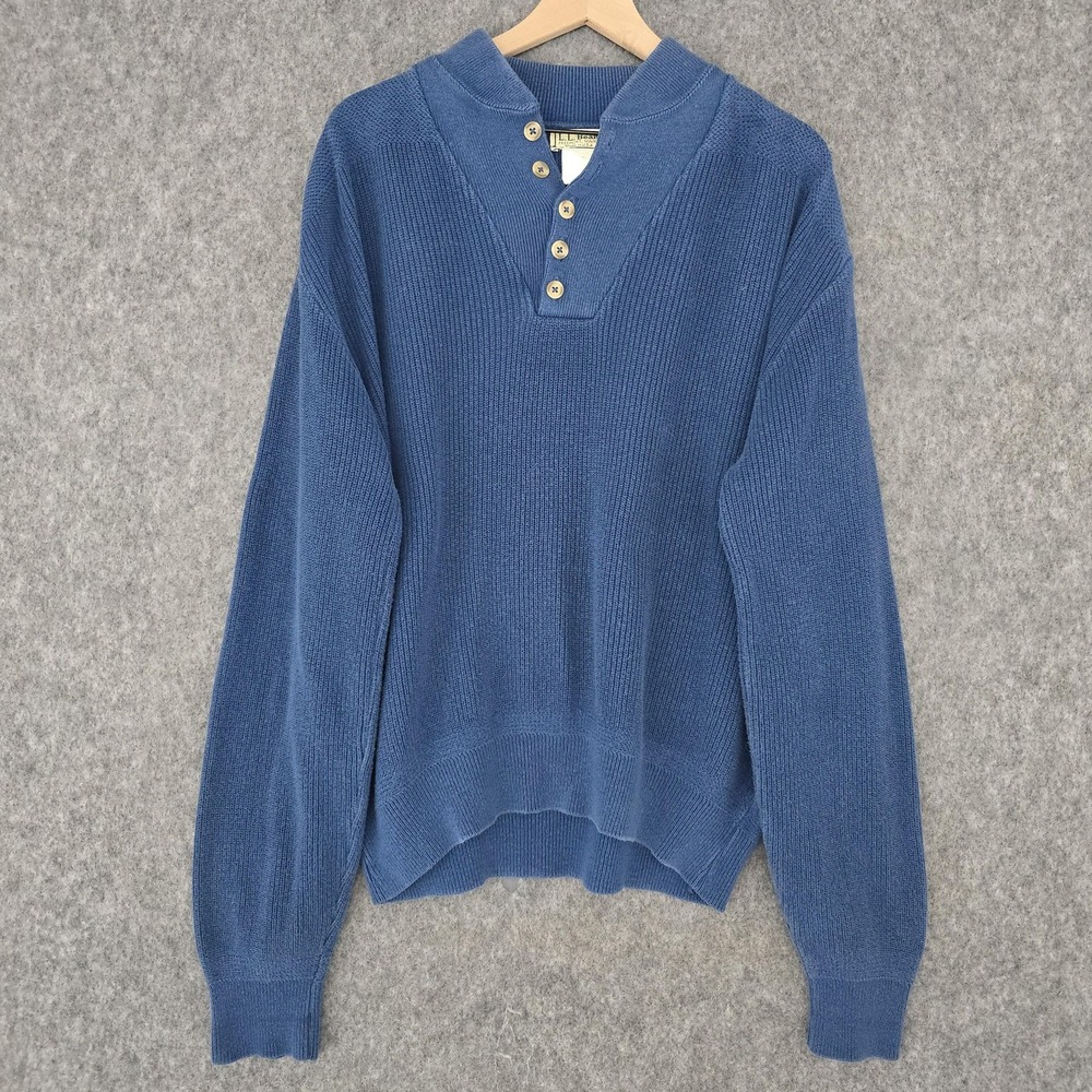 Vintage L.L. Bean Sweater Mens L Blue Cotton Fisherman Henley Pullover USA